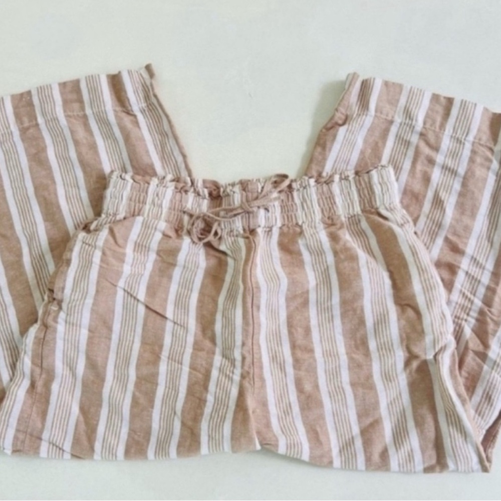 Madewell Tan Striped Smocked Huston Linen Blend Cropped Wide Leg Pants Small